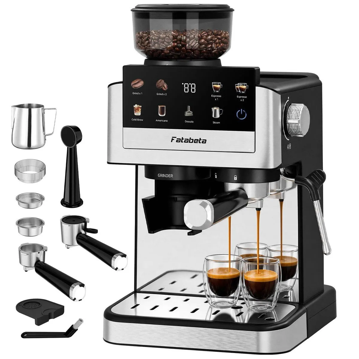 FATABETA Siebträgermaschine, 20 Bar, Dual-Pump-Heizsystem, 30 Mahlgrade, Touchdisplay