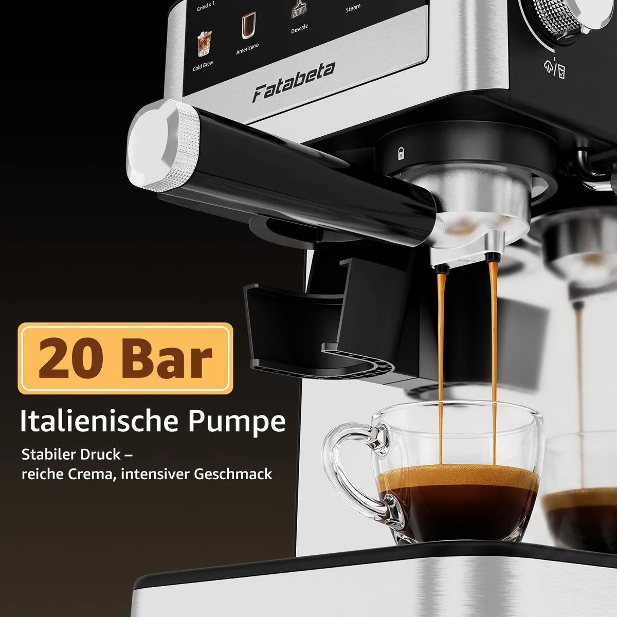 FATABETA Siebträgermaschine, 20 Bar, Dual-Pump-Heizsystem, 30 Mahlgrade, Touchdisplay 2