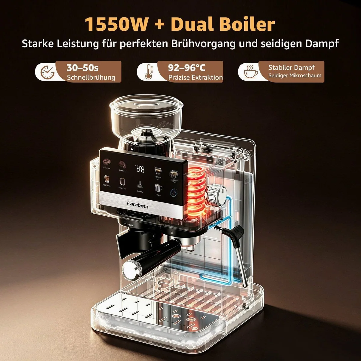 FATABETA Siebträgermaschine, 20 Bar, Dual-Pump-Heizsystem, 30 Mahlgrade, Touchdisplay 3