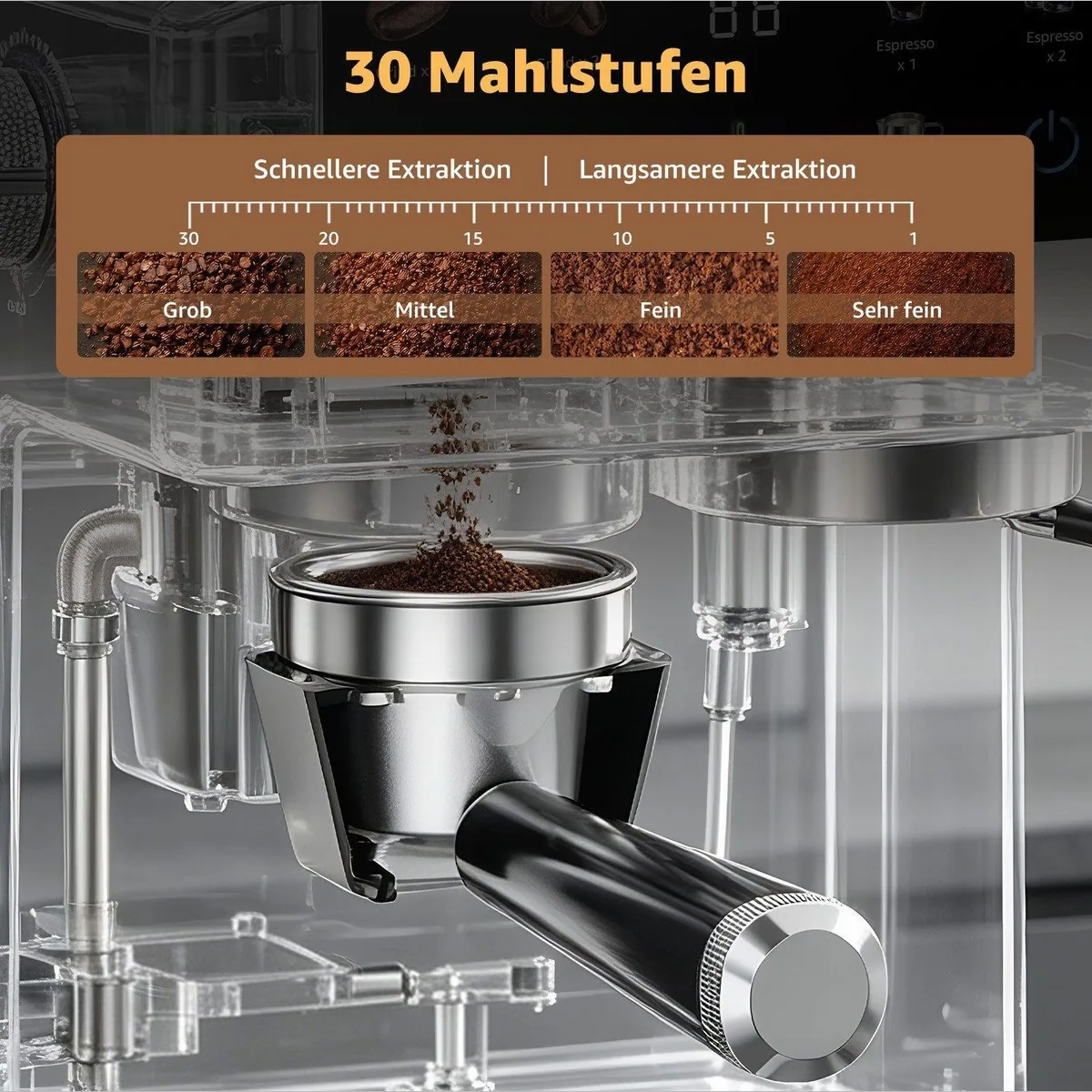 FATABETA Siebträgermaschine, 20 Bar, Dual-Pump-Heizsystem, 30 Mahlgrade, Touchdisplay 4