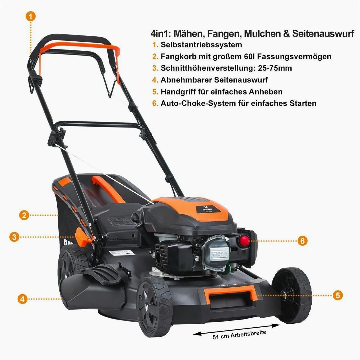FUXTEC FX-RM5170 Benzinrasenmäher, 51 cm Schnittbreite, 4in1, EasyClean, 4 PS 4
