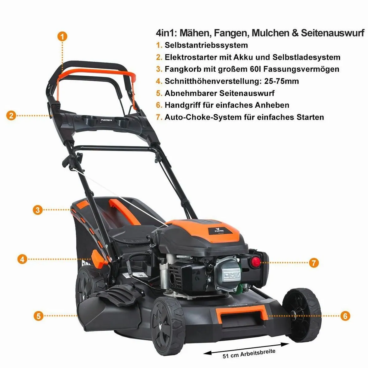 FUXTEC FX-RM5170eS Benzinrasenmäher, 50,8 cm Schnittbreite, 4in1 Funktion 4