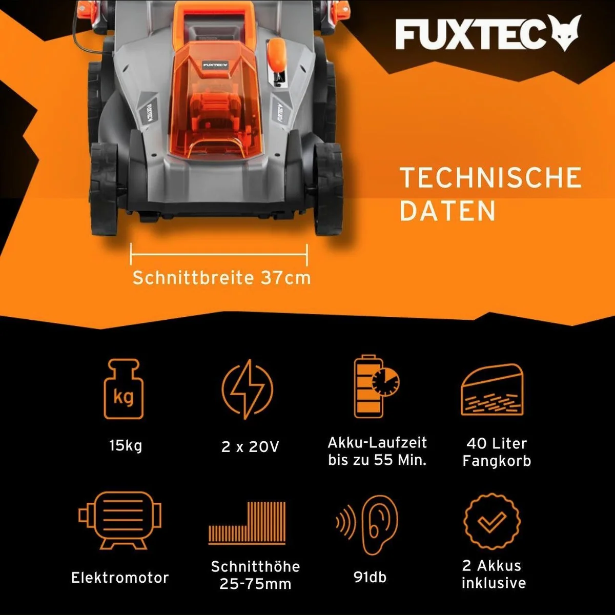 FUXTEC Akkurasenmäher FX-E2RM37SET, 37 cm Schnittbreite, E-Start, 40 L Fangkorb 4