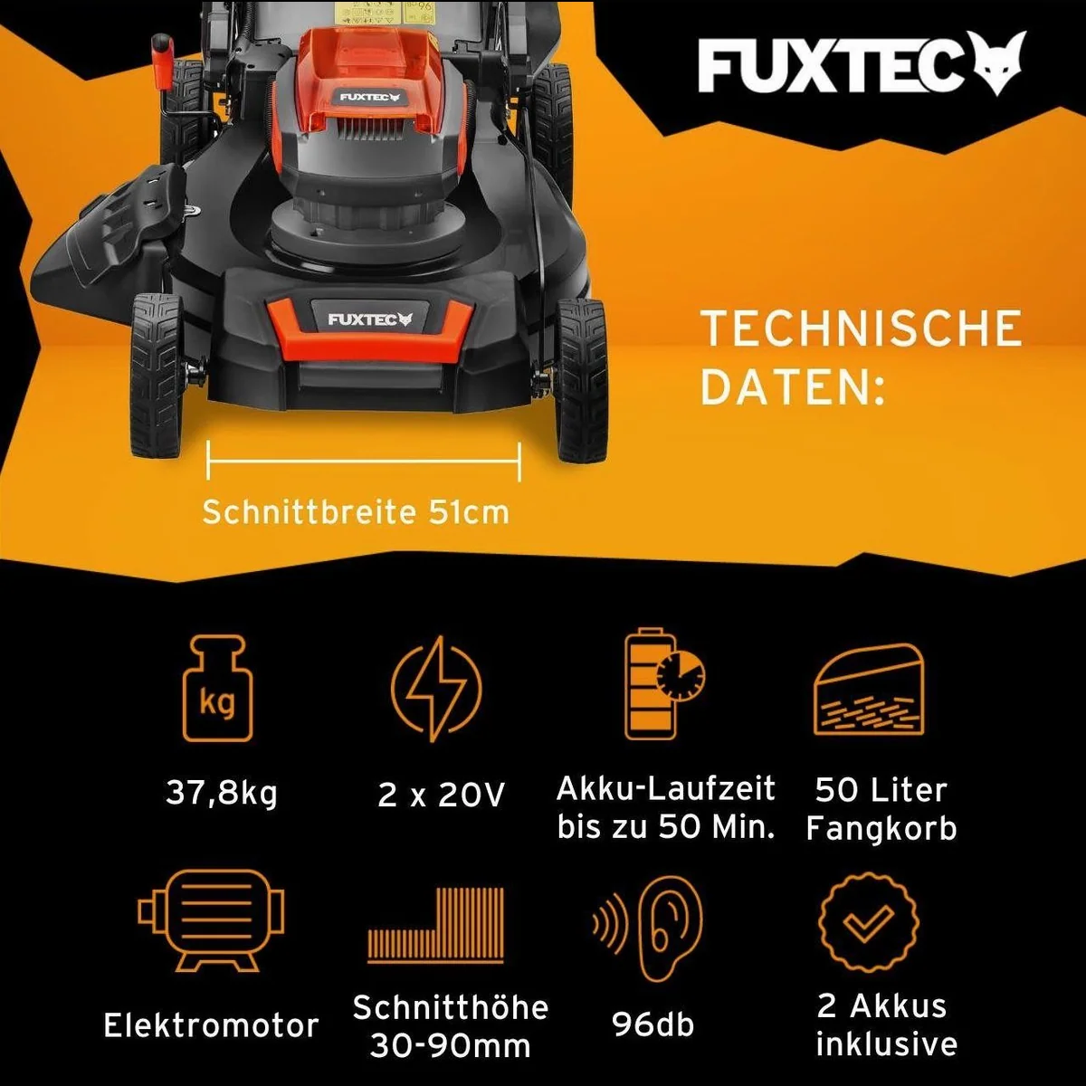FUXTEC Akkurasenmäher FX-E2RM51SET, 51 cm Schnittbreite, 4in1 Funktion 4
