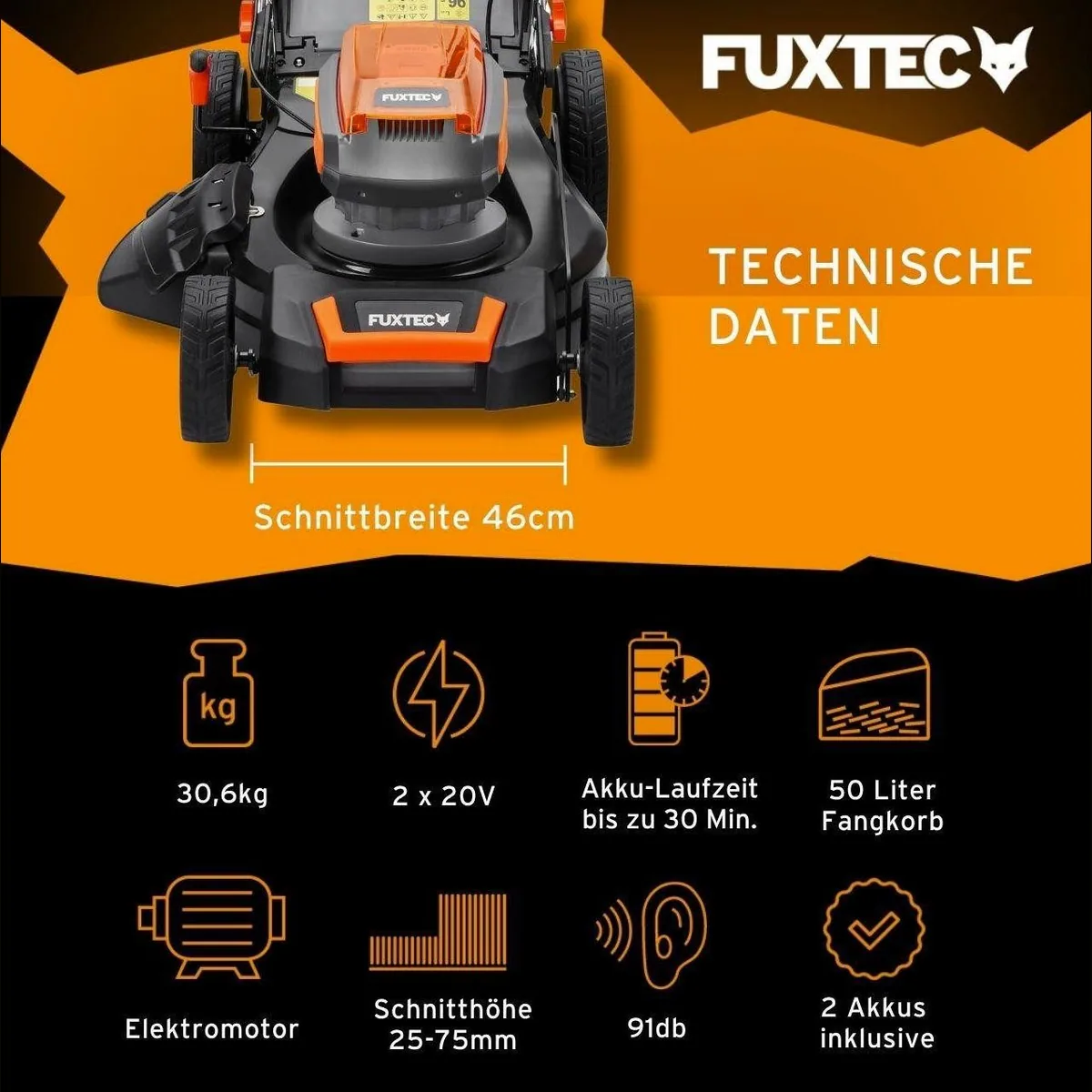 FUXTEC Akkurasenmäher FX-E2RM46SET, 46 cm Schnittbreite, 50L Fangkorb, 2x 20V Akku 3