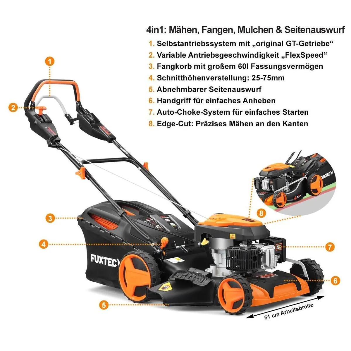 FUXTEC FX-RM5196PROSL Benzinrasenmäher, 50,1 cm Schnittbreite, 4in1-Funktion 3