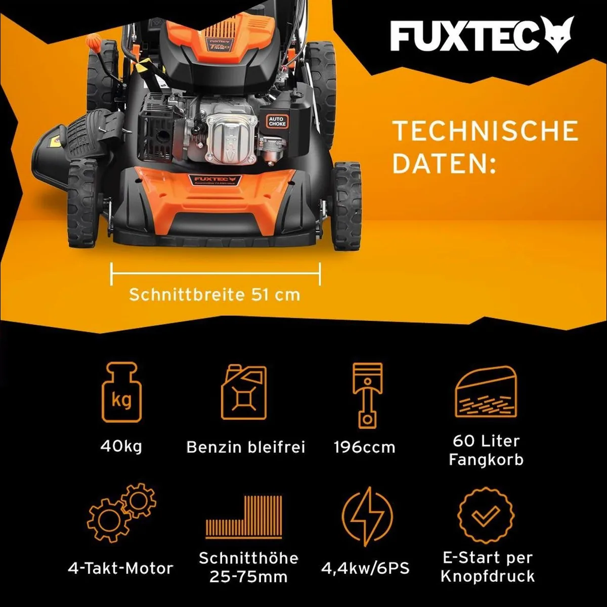 FUXTEC FX-RM5196eSSL Benzinrasenmäher, E-Start, 51 cm Schnittbreite, Auto-Choke-System 2