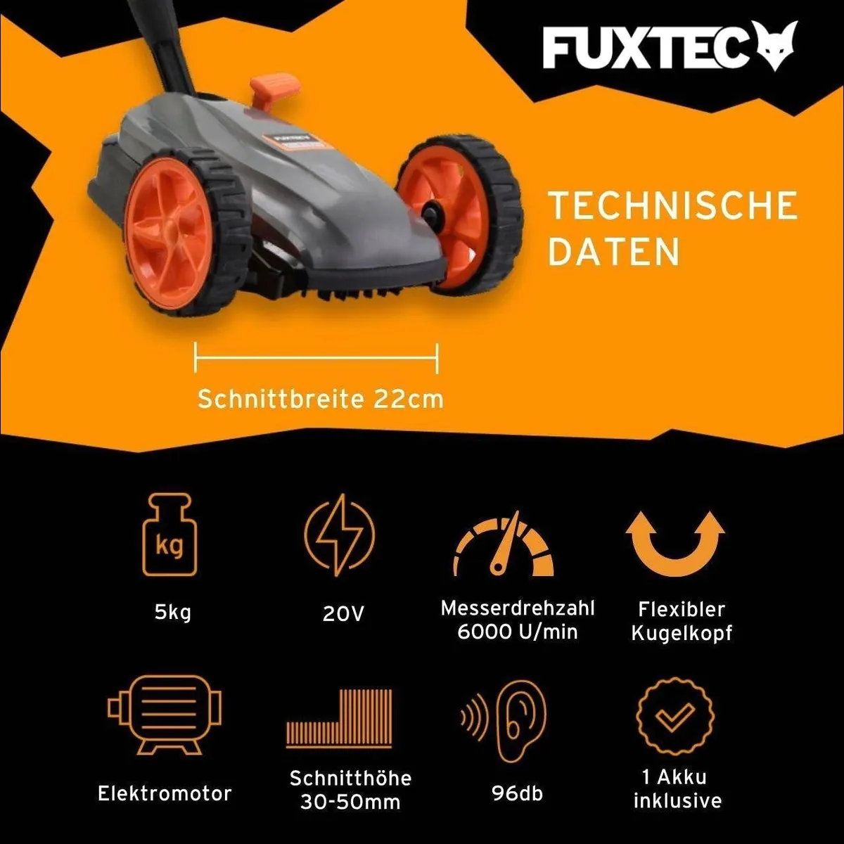 FUXTEC FX-E1RMEH20 Akkurasenmäher, 22 cm Schnittbreite, flexible Kugelkopfsteuerung, 20V Akku 5