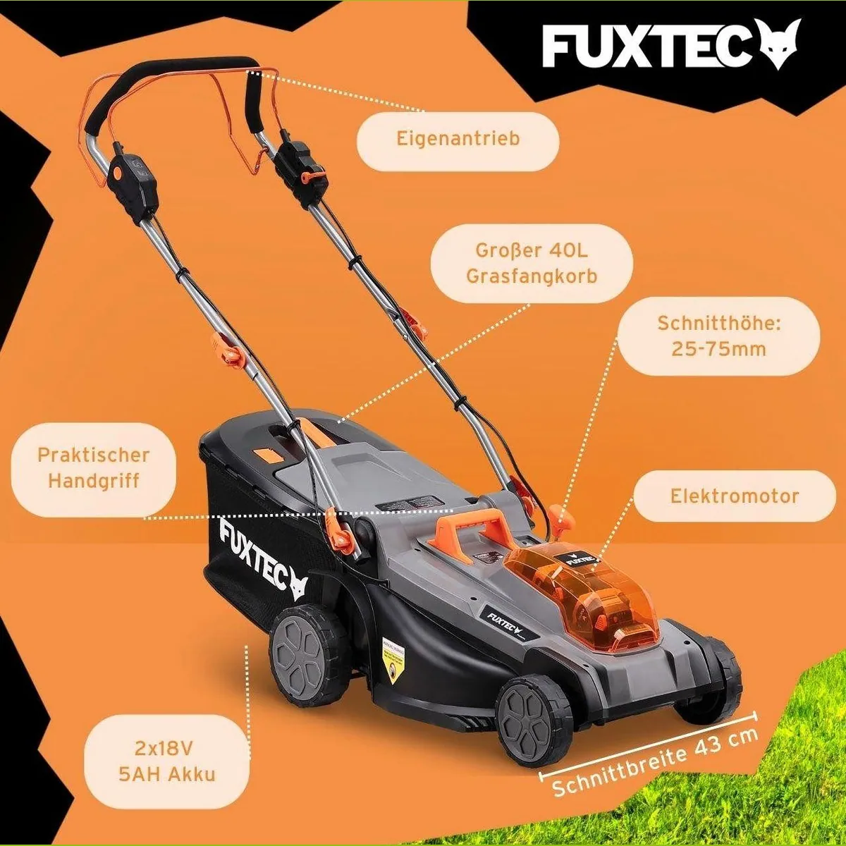 FUXTEC Akkurasenmäher FX-E2RM43PROSET, 43 cm Schnittbreite, 40V, variable Geschwindigkeit 2