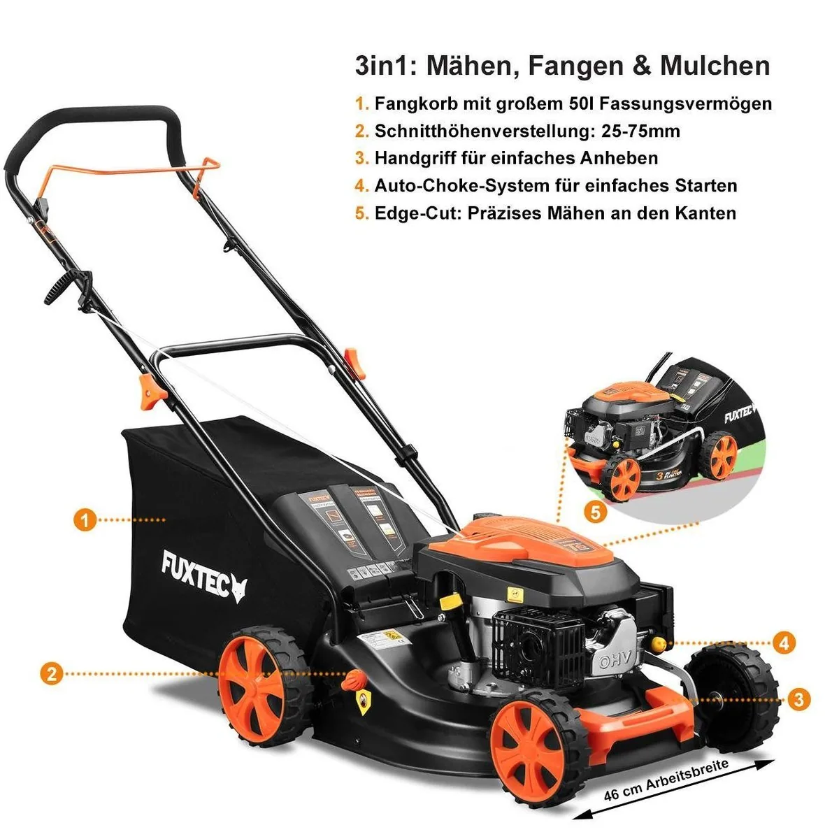 FUXTEC FX-RM4646ECO Benzinrasenmäher, 45,7 cm Schnittbreite, 25-75 mm Schnitthöhe, 50 l Fangkorb 2