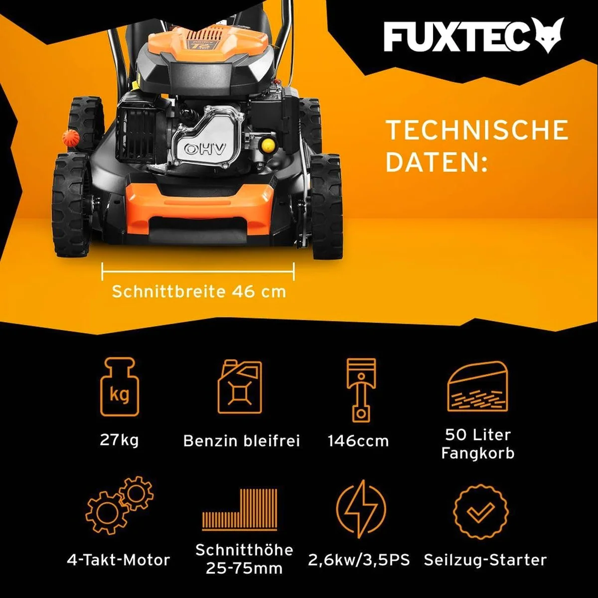 FUXTEC FX-RM4646ECO Benzinrasenmäher, 45,7 cm Schnittbreite, 25-75 mm Schnitthöhe, 50 l Fangkorb 4