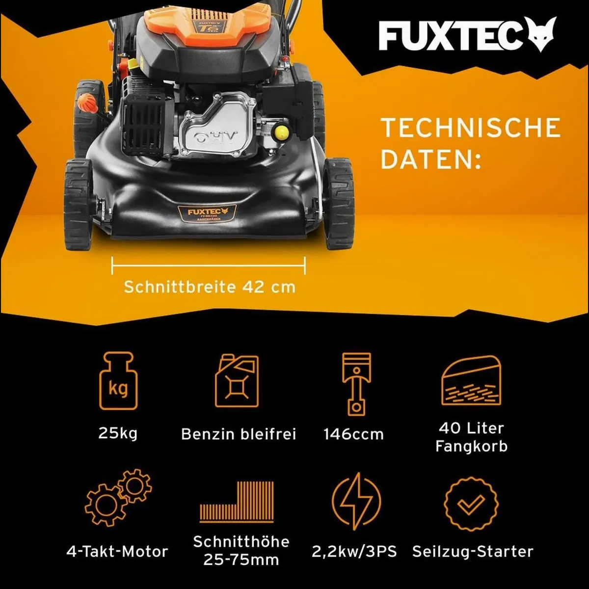 FUXTEC FX-RM4346ECO Benzinrasenmäher, 42 cm Schnittbreite, 40 L Fangkorb, 3 PS 2