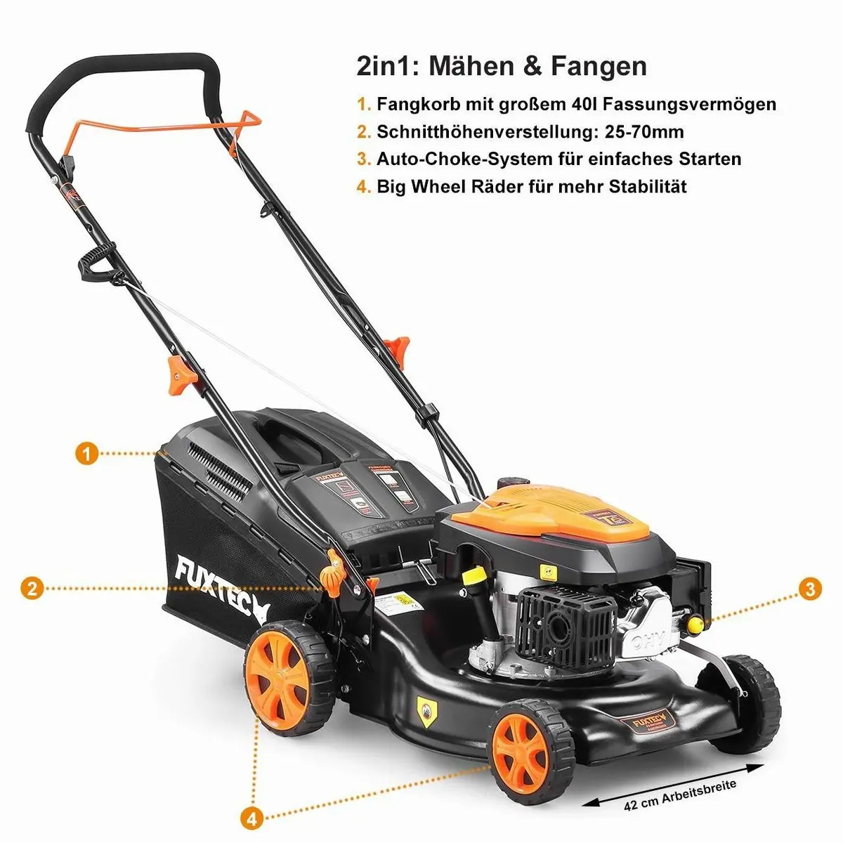 FUXTEC FX-RM4346ECO Benzinrasenmäher, 42 cm Schnittbreite, 40 L Fangkorb, 3 PS 5