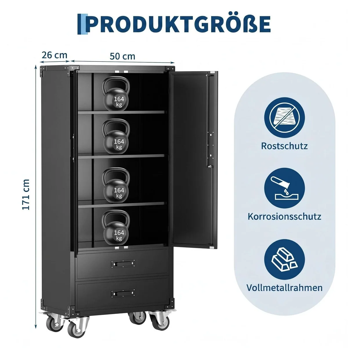 GarveeMore Werkzeugschrank, kaltgewalzter Stahl, mobil & drehbar — 2 Türen, 2 Schubladen, 3 Böden 3
