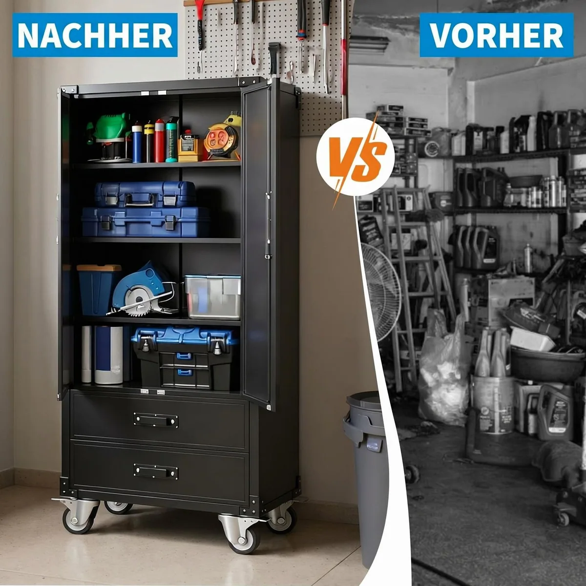 GarveeMore Werkzeugschrank, kaltgewalzter Stahl, mobil & drehbar — 2 Türen, 2 Schubladen, 3 Böden 4