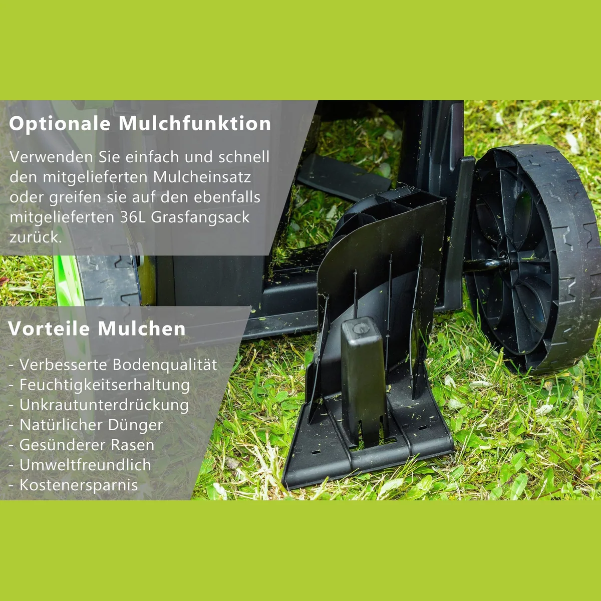 Green Tools Akkurasenmäher 36V, geräuscharm, kabellos, Mulchfunktion 4