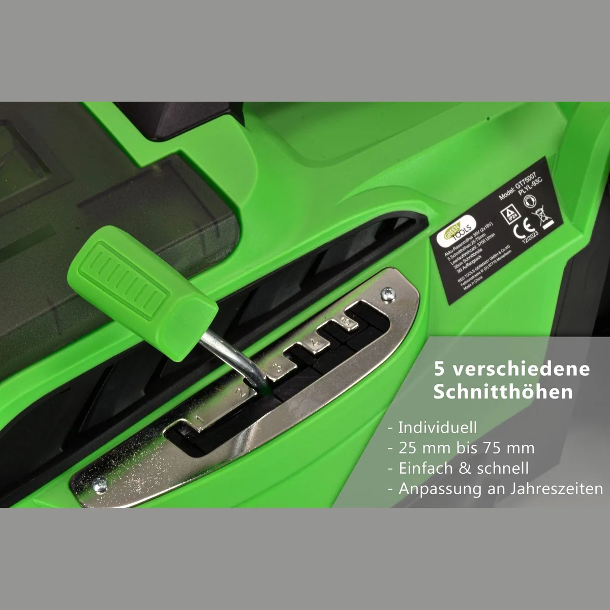 Green Tools Akkurasenmäher 36V, geräuscharm, kabellos, Mulchfunktion 5