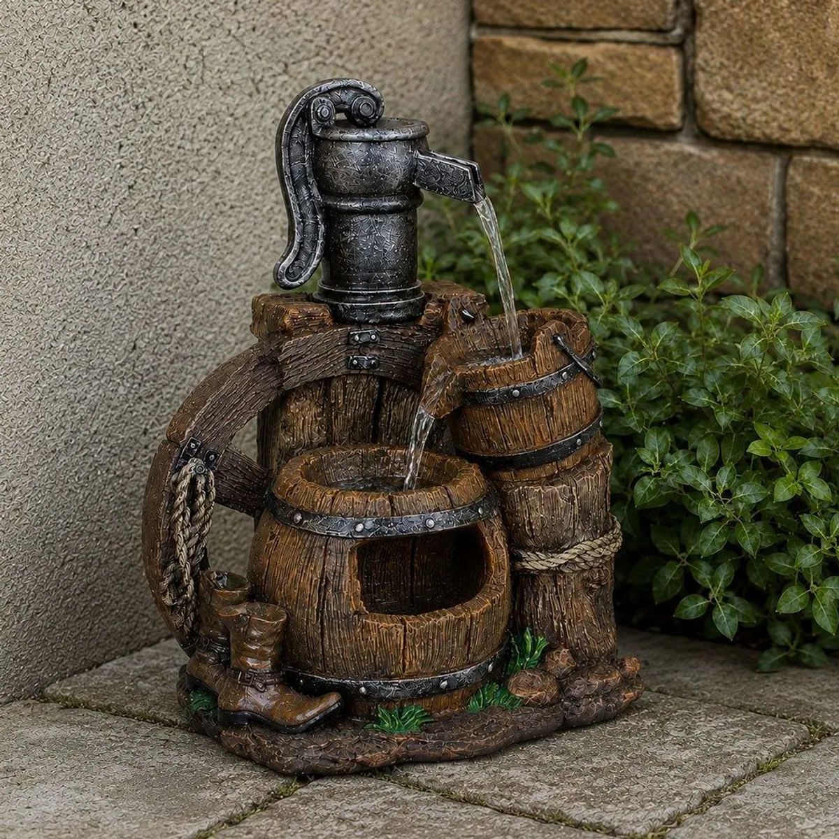 Harms Import NEREUS Gartenbrunnen, Holz-Stein-Optik, leistungsstarke Pumpe — 350 l/h, wetterbeständig, pflegeleicht