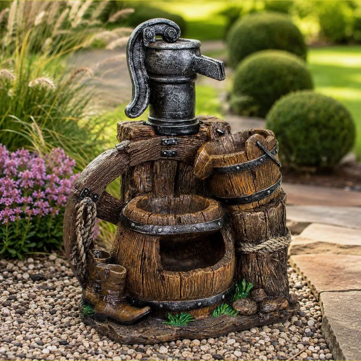 Harms Import NEREUS Gartenbrunnen, Holz-Stein-Optik, leistungsstarke Pumpe — 350 l/h, wetterbeständig, pflegeleicht 3