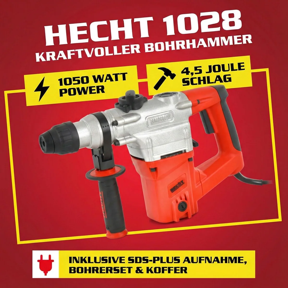 Hecht Bohrhammer 1028, 1050 Watt, 4250 Schläge/Minute, SDS-plus Bohrfutter 2