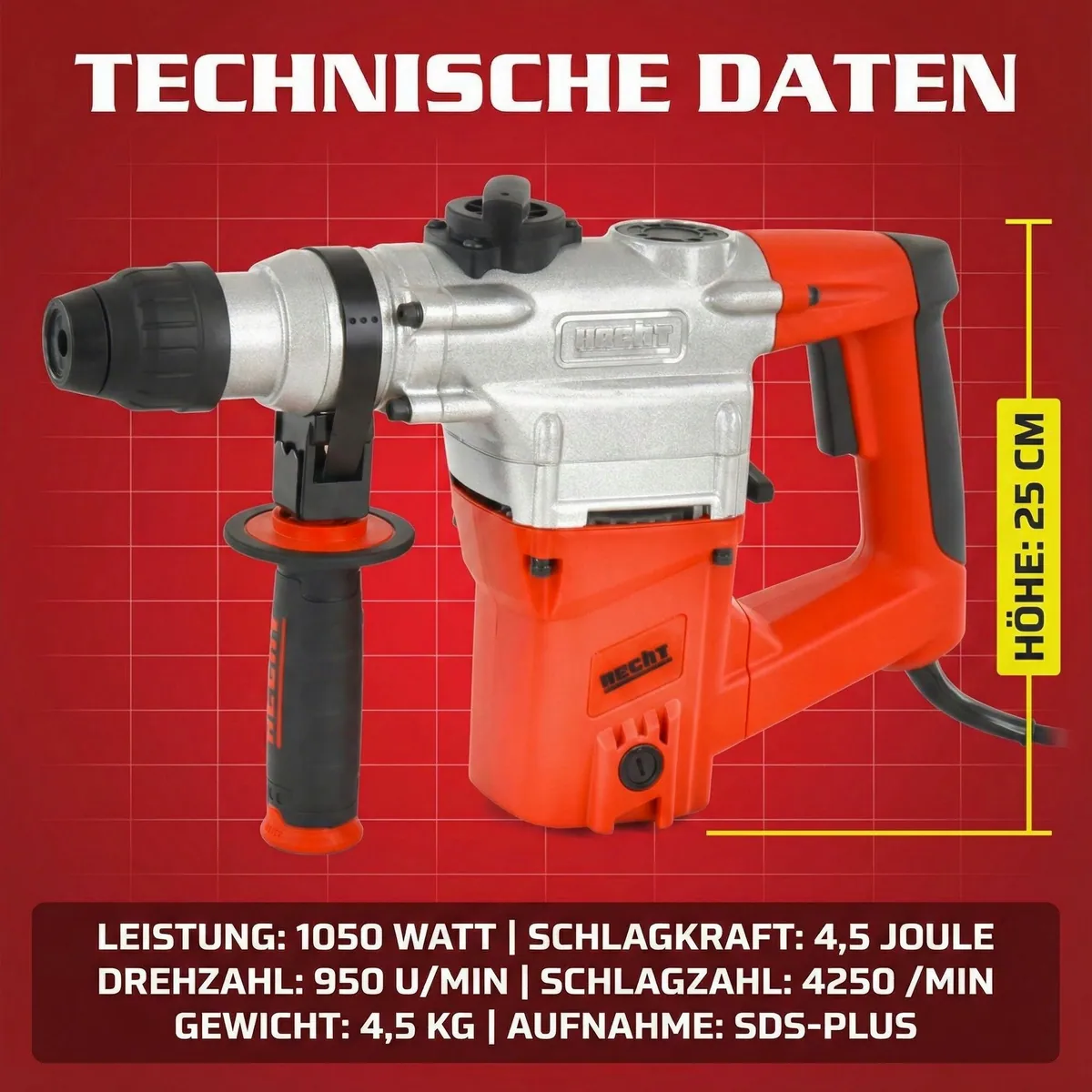 Hecht Bohrhammer 1028, 1050 Watt, 4250 Schläge/Minute, SDS-plus Bohrfutter 5