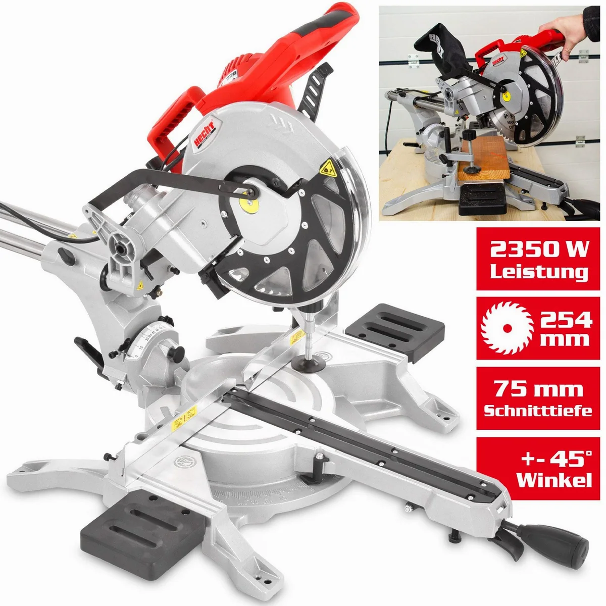 Hecht Zug-Kapp-Gehrungssäge 254 mm, 2350 Watt Leistung, Laser-Schnittlinie, Absauganschluss