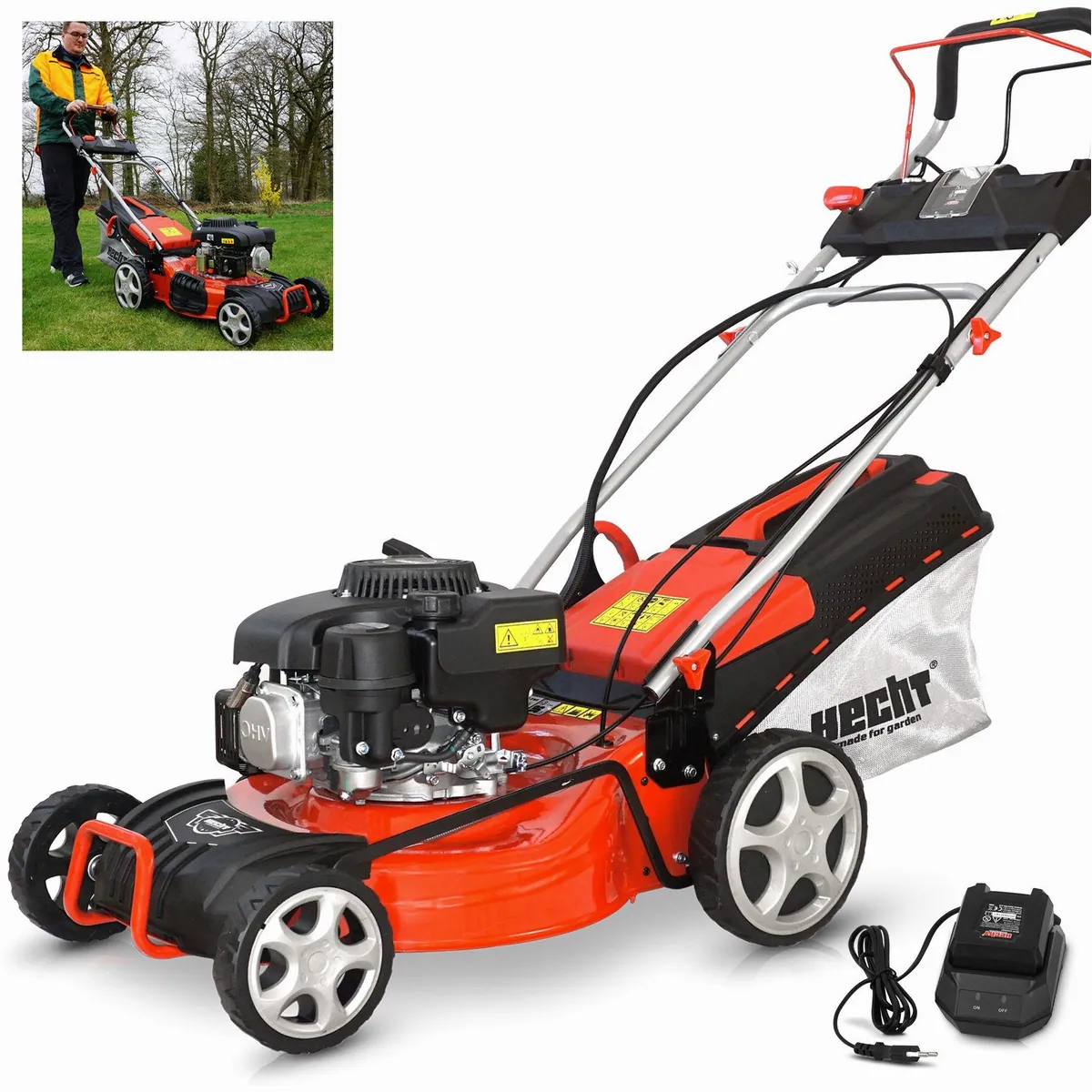Hecht 547 SWE Benzinrasenmäher, Elektrostart, 5-in-1 Funktion — 46 cm Schnittbreite, 3,7 PS, 55L Fangkorb
