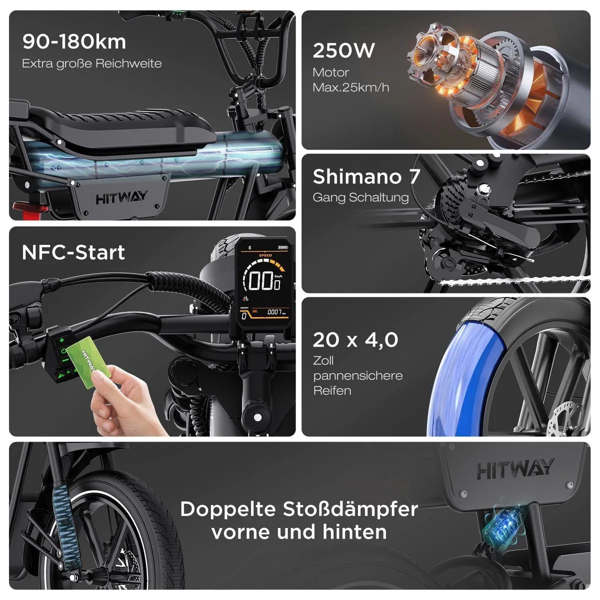 HITWAY E-Bike Mountainbike, 48V Akku, 7-Gang Shimano, 20 Zoll Fatbike-Reifen 2