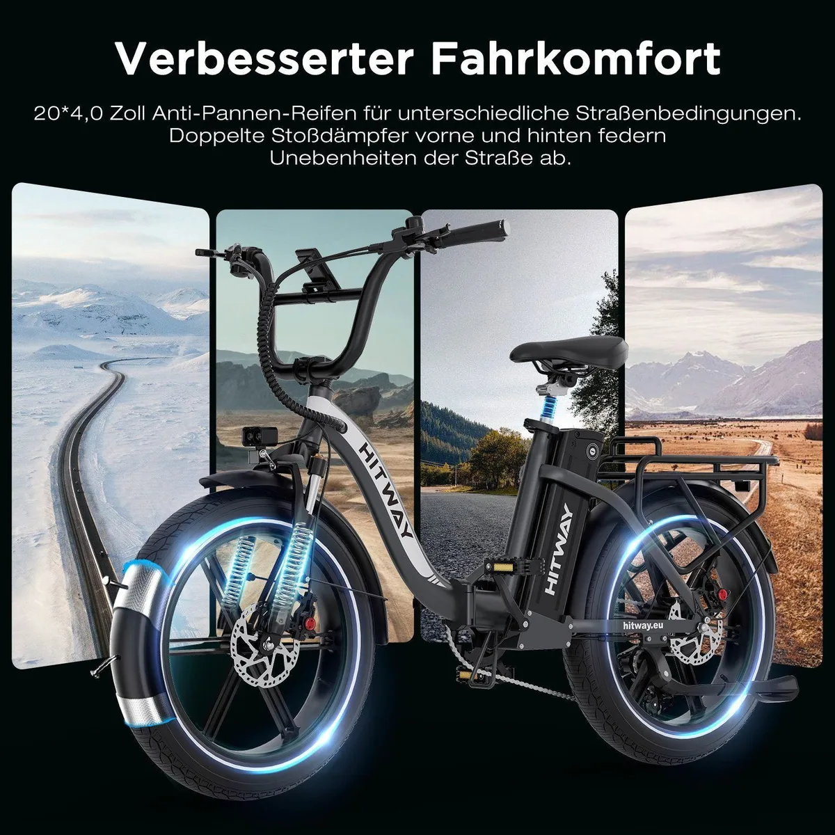HITWAY E-Bike Faltrad 20" 4,0 Zoll, 48V 18Ah Akku, Shimano 7-Gang Schaltung — Reichweite bis 140 km, Hydraulische Scheibenbremsen 4