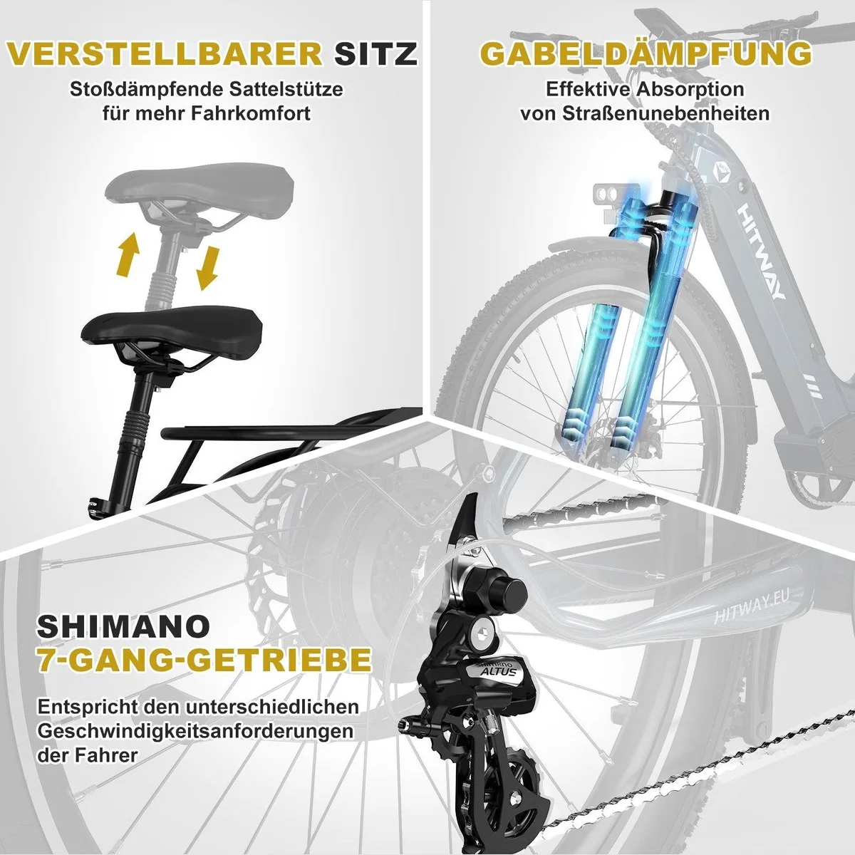 HITWAY E-Bike Pedelec, 48V 18Ah Akku, 250W Motor, 7-Gang Shimano 4