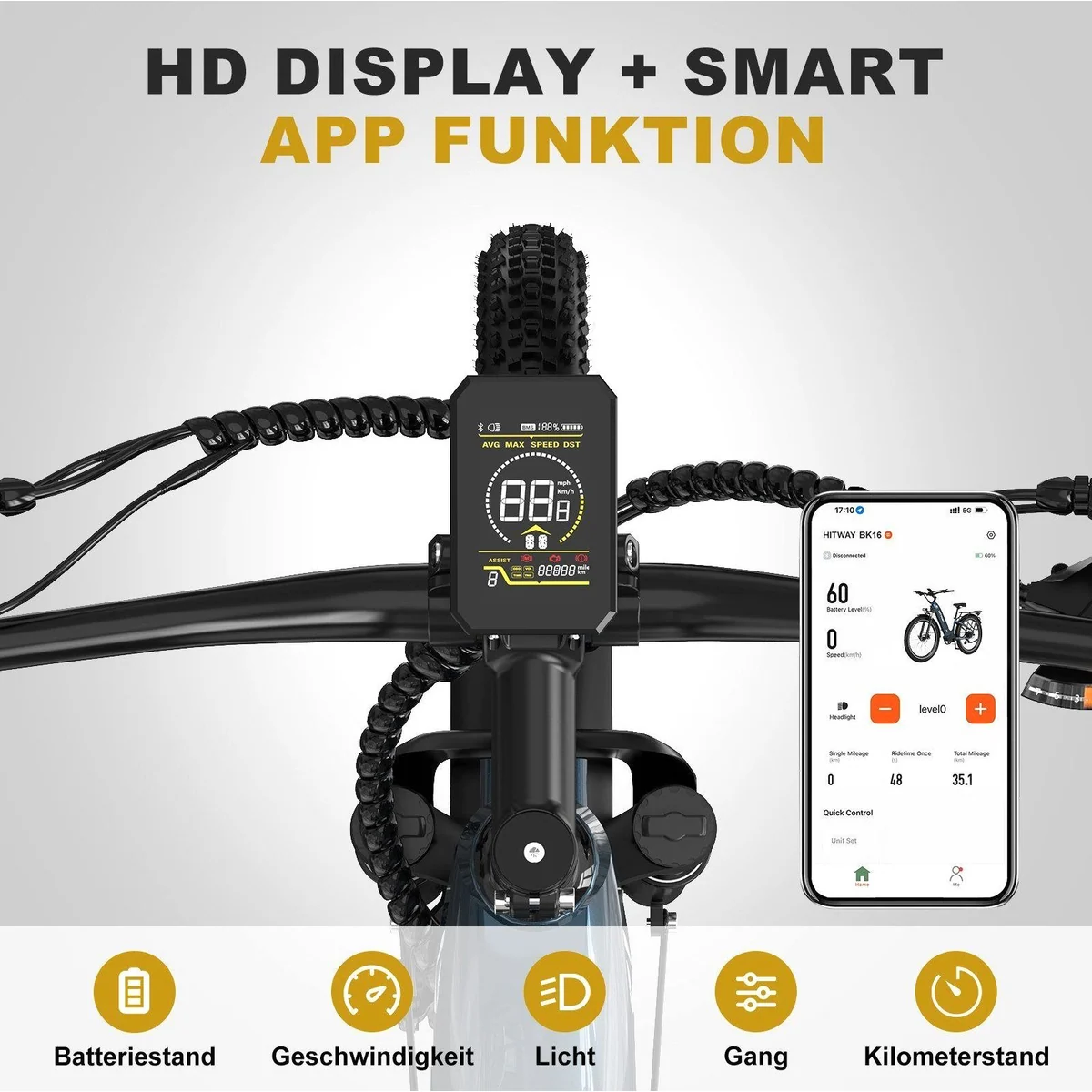 HITWAY E-Bike Pedelec, 48V 18Ah Akku, 250W Motor, 7-Gang Shimano 5