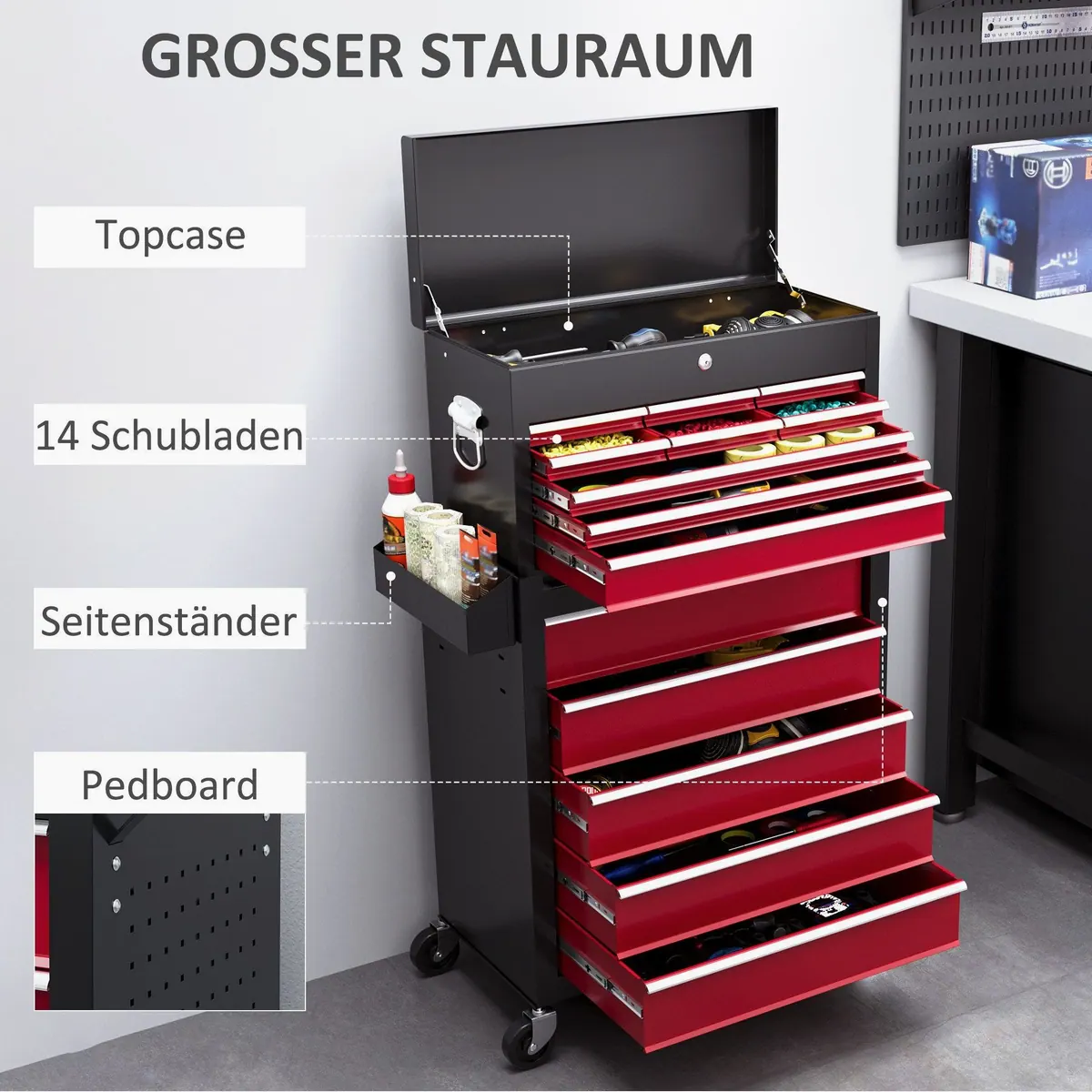 HOMCOM Werkstattwagen, 14 Schubladen, abschließbar, robust und mobil 4