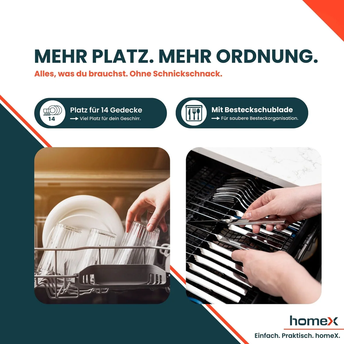 homeX DWFS601444C-S Geschirrspüler, 14 Maßgedecke, 7 Programme, leiser Betrieb 2
