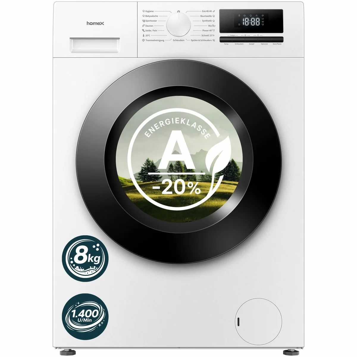 homeX WF814H1A-W Waschmaschine, 8 kg, 1400 U/min, Dampffunktion, AquaStop, Inverter Motor, EEK A -20%