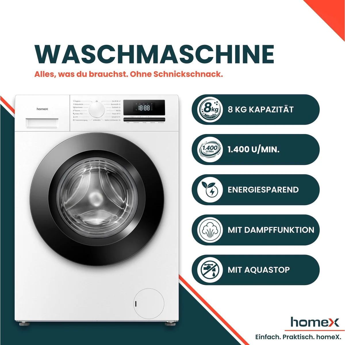 homeX WF814H1A-W Waschmaschine, 8 kg, 1400 U/min, Dampffunktion, AquaStop, Inverter Motor, EEK A -20% 2