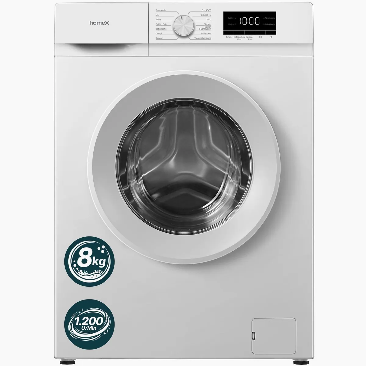 homeX WF812K1A-W Waschmaschine, 8 kg, 1200 U/min, Inverter Motor, AquaStop