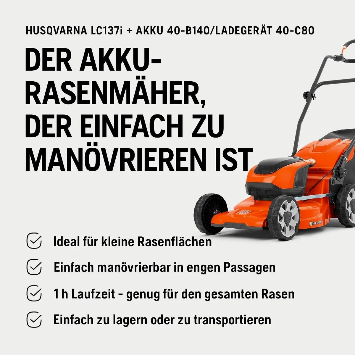 Husqvarna LC 137i Akku-Rasenmäher, 37 cm Schnittbreite, leicht und kompakt — ideal für kleine Gärten bis 300 m² 4