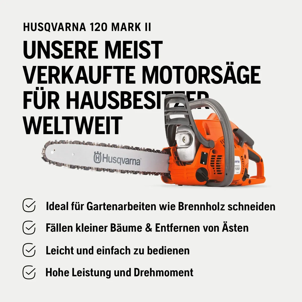 Husqvarna 120 Mark II Benzin-Kettensäge, 35 cm Schwertlänge, X-Torq Motor, LowVib Technologie 3