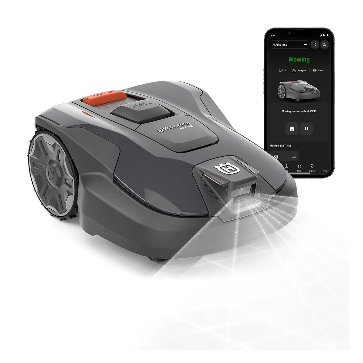 Husqvarna Automower Aspire R6V, kabellos, GPS-Navigation, AI Vision — ideal für 600 m² Rasenfläche