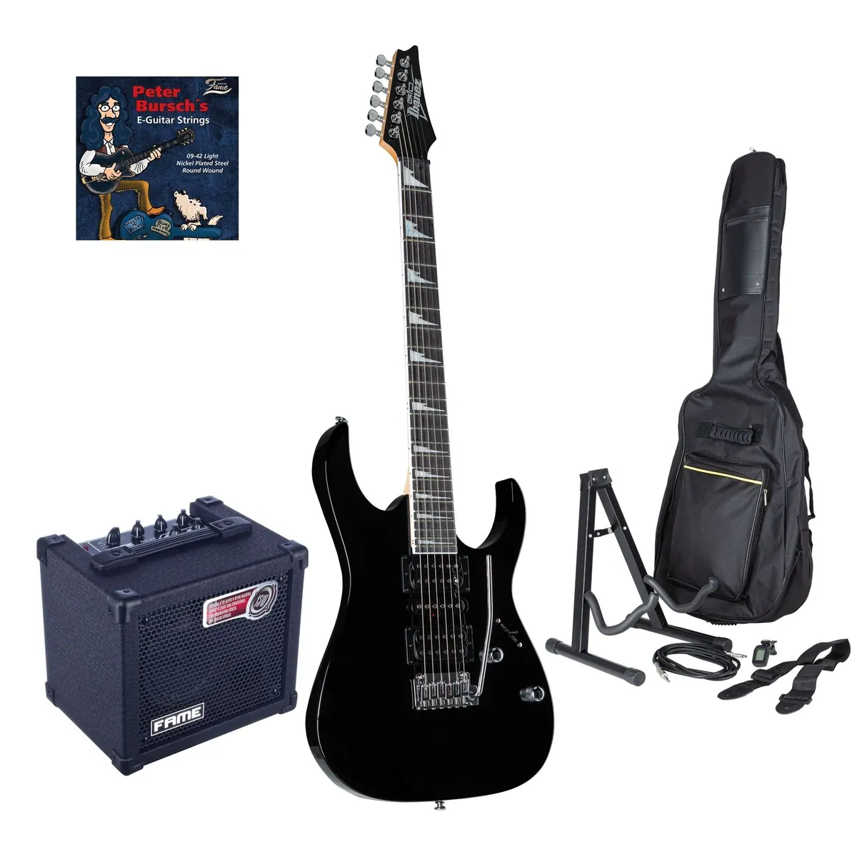 Ibanez GRG170DX-BKN E-Gitarre, HSH Tonabnehmer, 24 Bünde — Komplettset mit Verstärker