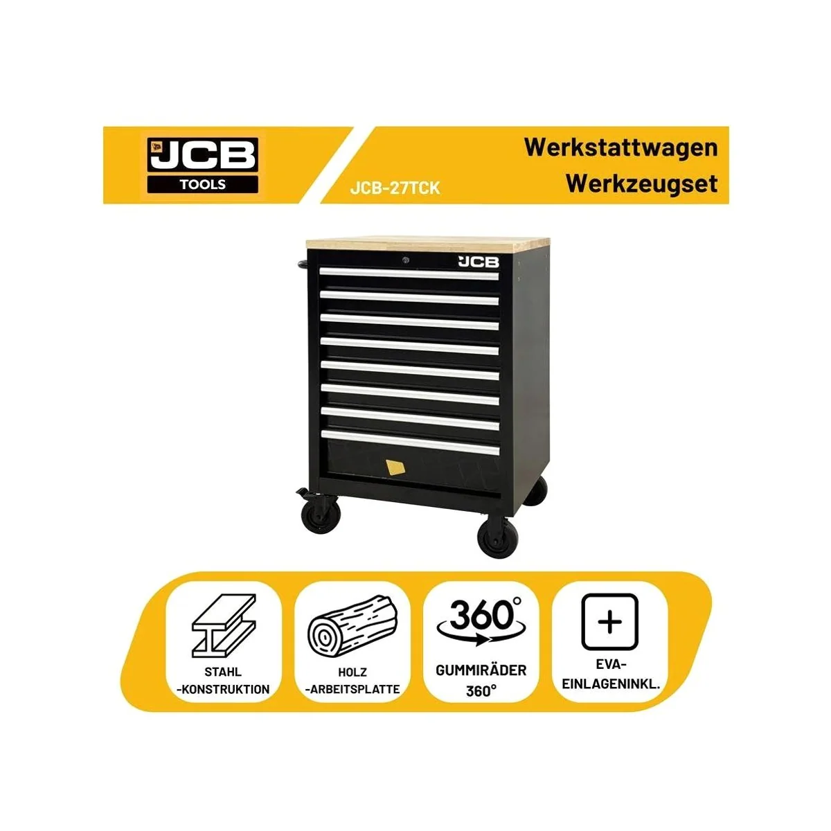 JCB Werkstattwagen JCB-27TCK, 259-teiliges Werkzeugset, 8 Schubladen mit Soft-Close 3