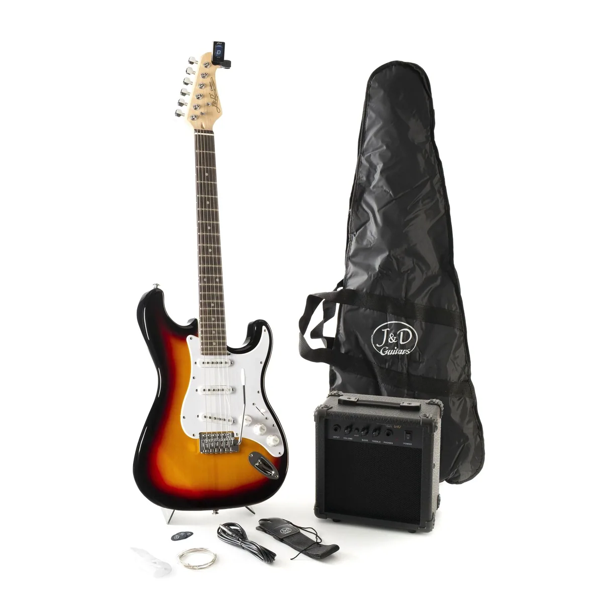 J & D ST Rock E-Gitarre Set, inklusive Verstärker und Zubehör — ideales Einsteiger-Set in Sunburst