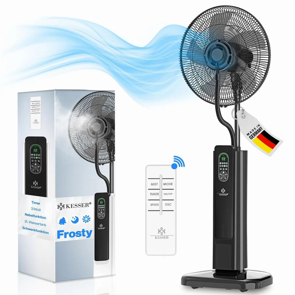 KESSER Standventilator Frosty, Ultraschall-Sprühnebel & Fernbedienung — erfrischend, mobil, vielseitig