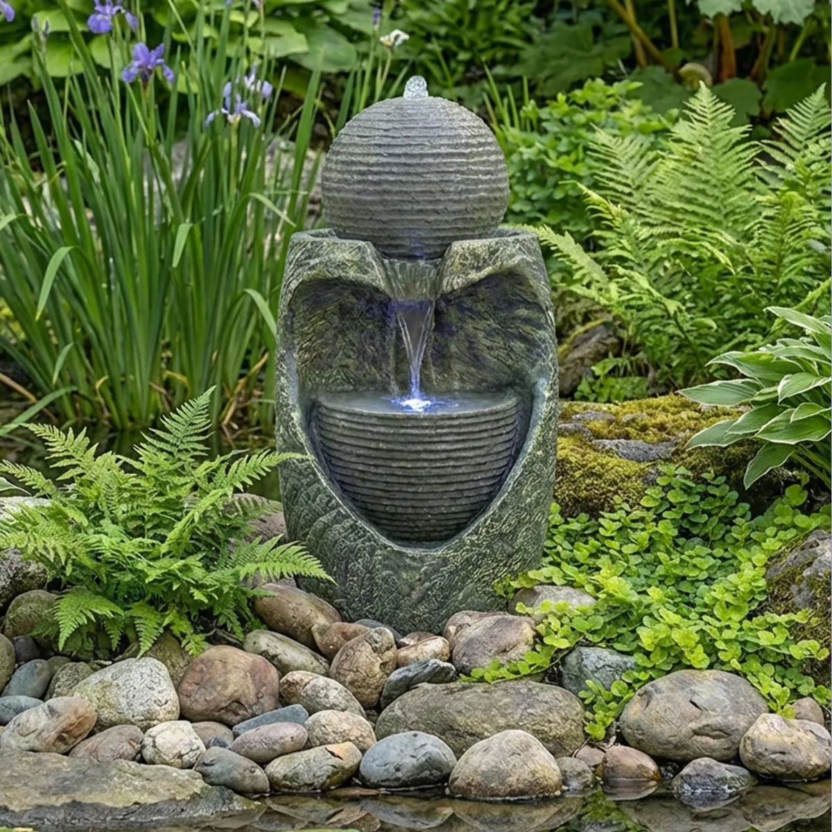 Köhko Gartenbrunnen „Steinquell Aura“, elegante Natursteinoptik, integrierte LED-Beleuchtung
