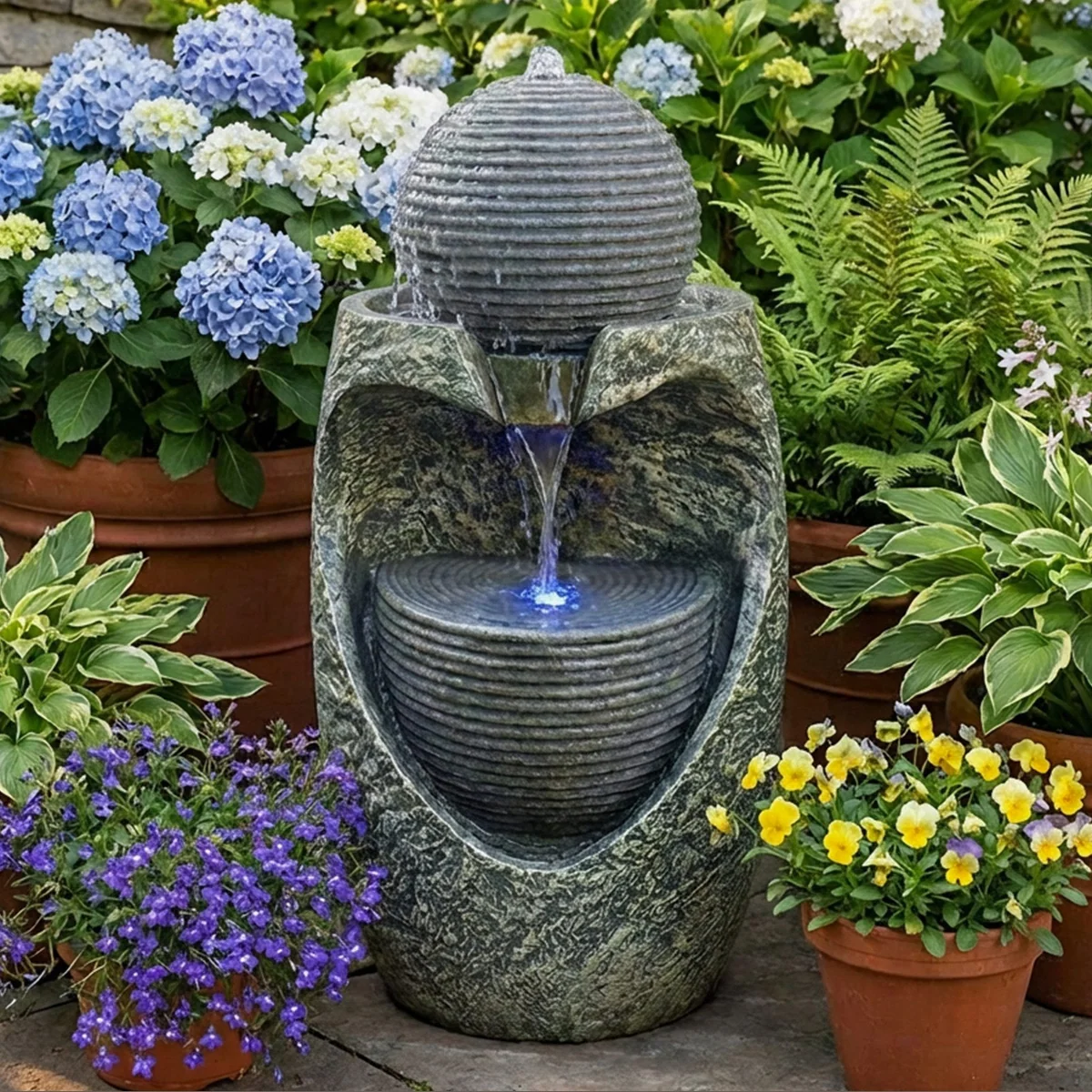 Köhko Gartenbrunnen „Steinquell Aura“, elegante Natursteinoptik, integrierte LED-Beleuchtung 3