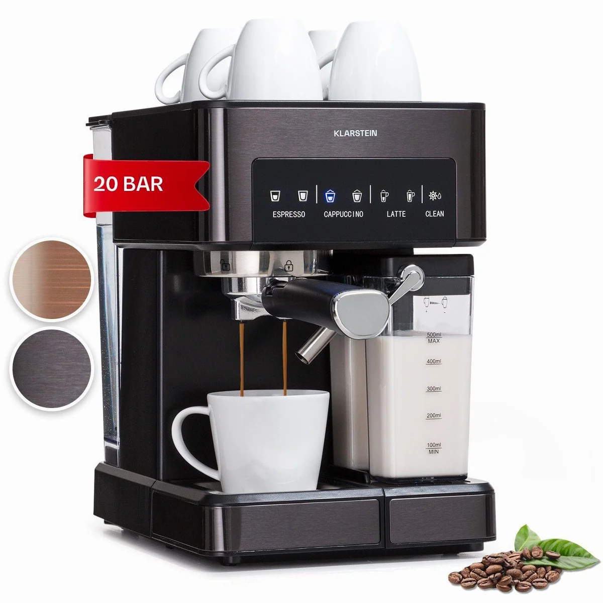 Klarstein Arabica Comfort Siebträgermaschine, 20 bar, 1,8 l Wassertank, Edelstahl-Dampfdüse