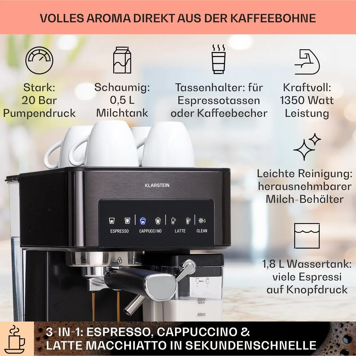 Klarstein Arabica Comfort Siebträgermaschine, 20 bar, 1,8 l Wassertank, Edelstahl-Dampfdüse 3