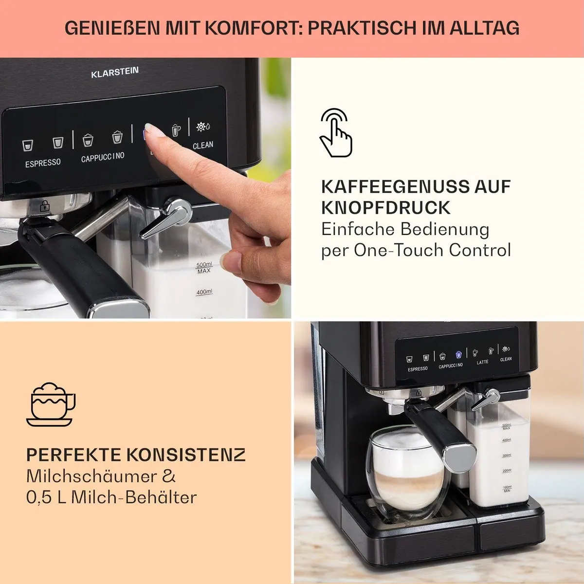 Klarstein Arabica Comfort Siebträgermaschine, 20 bar, 1,8 l Wassertank, Edelstahl-Dampfdüse 4
