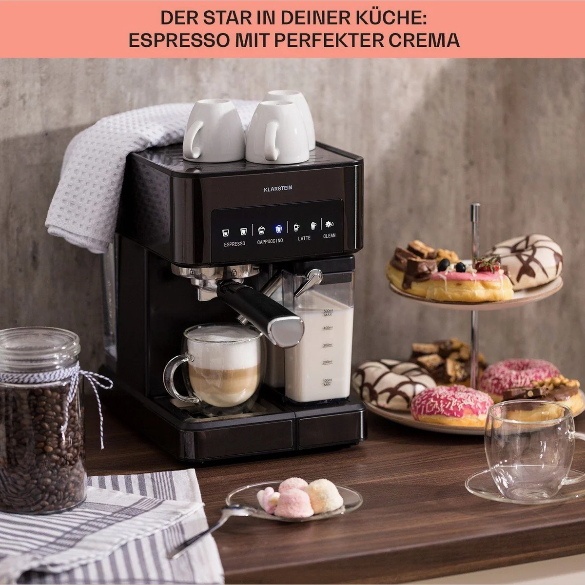 Klarstein Arabica Comfort Siebträgermaschine, 20 bar, 1,8 l Wassertank, Edelstahl-Dampfdüse 5