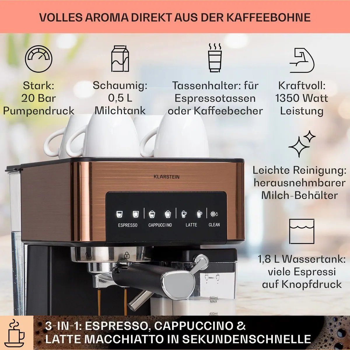 Klarstein Arabica Comfort Siebträgermaschine, 20 bar Pumpendruck, 1,8 l Wassertank, Edelstahl-Dampfdüse 3